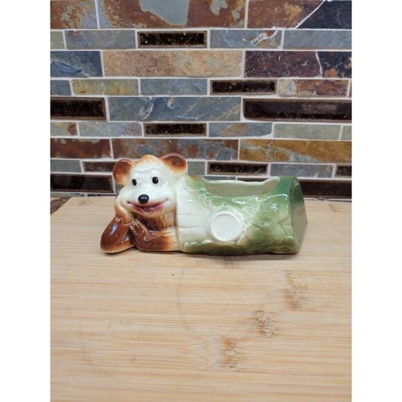 Vintage Bear in Log Succulent Planter, Ceramic Pottery, USA American Bisque - Picture 1 of 6